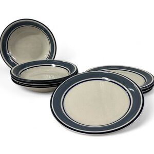 Vintage Ranmaru Japan Trend Slate Blue 7” Stoneware Plates & Bowls Set of 8